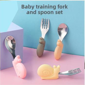 Dječji set pribora za hranjenje: vilica i žlica od 304 nehrđajućeg čelika sa silikonskom trenirajućom žlicom, kratka drška, za djecu od 6 mjeseci