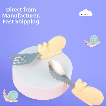 Dječji set pribora za hranjenje: vilica i žlica od 304 nehrđajućeg čelika sa silikonskom trenirajućom žlicom, kratka drška, za djecu od 6 mjeseci