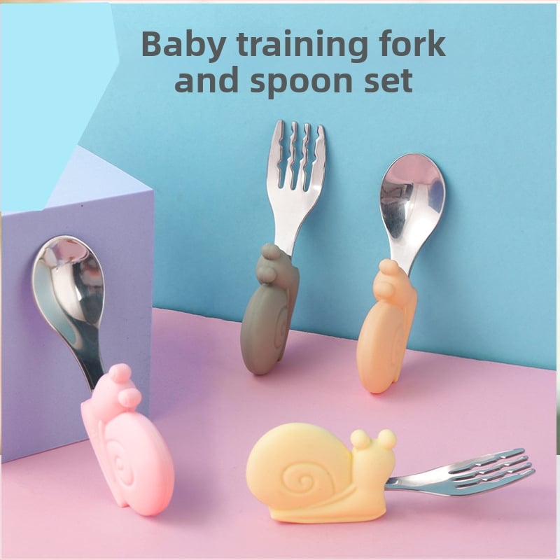 Dječji set pribora za hranjenje: vilica i žlica od 304 nehrđajućeg čelika sa silikonskom trenirajućom žlicom, kratka drška, za djecu od 6 mjeseci