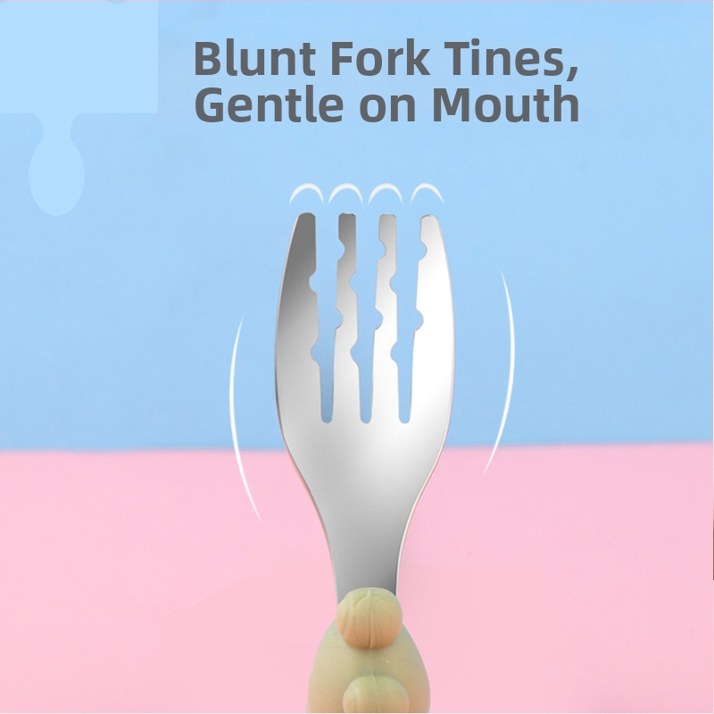 Dječji set pribora za hranjenje: vilica i žlica od 304 nehrđajućeg čelika sa silikonskom trenirajućom žlicom, kratka drška, za djecu od 6 mjeseci