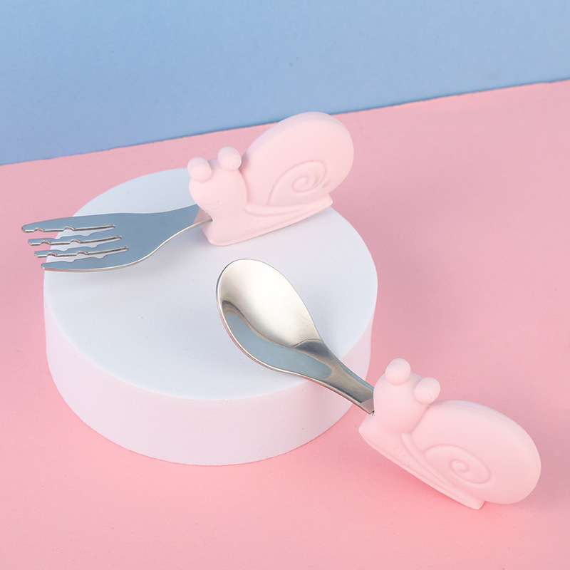 Dječji set pribora za hranjenje: vilica i žlica od 304 nehrđajućeg čelika sa silikonskom trenirajućom žlicom, kratka drška, za djecu od 6 mjeseci