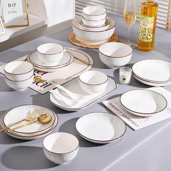 Porcelanski set zdjela i tanjura, moderni minimalistički stil s japanskim štihom, boja pod glazurom, ispis logotipa, mikrovalna sigurnost