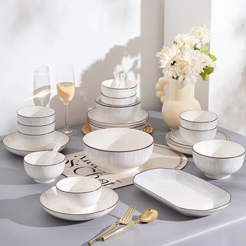 Porcelanski set zdjela i tanjura, moderni minimalistički stil s japanskim štihom, boja pod glazurom, ispis logotipa, mikrovalna sigurnost