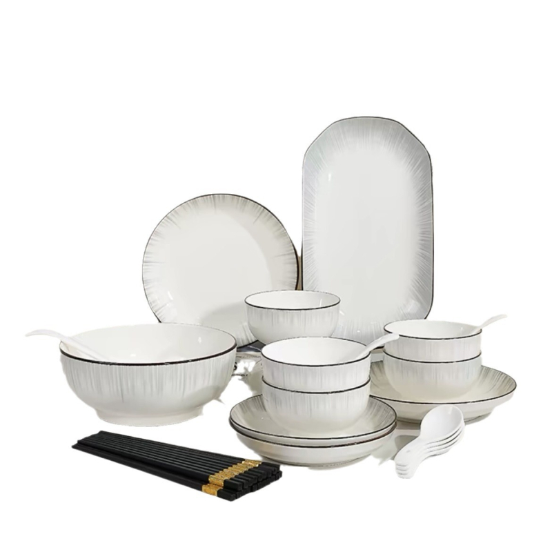 Porcelanski set zdjela i tanjura, moderni minimalistički stil s japanskim štihom, boja pod glazurom, ispis logotipa, mikrovalna sigurnost