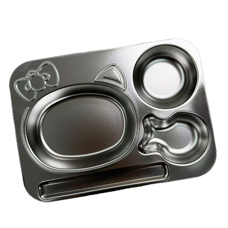 Dječji tanjur od nehrđajućeg čelika, crtani stil, jednostavan dizajn, za uzrast od 24 mjeseca i više.