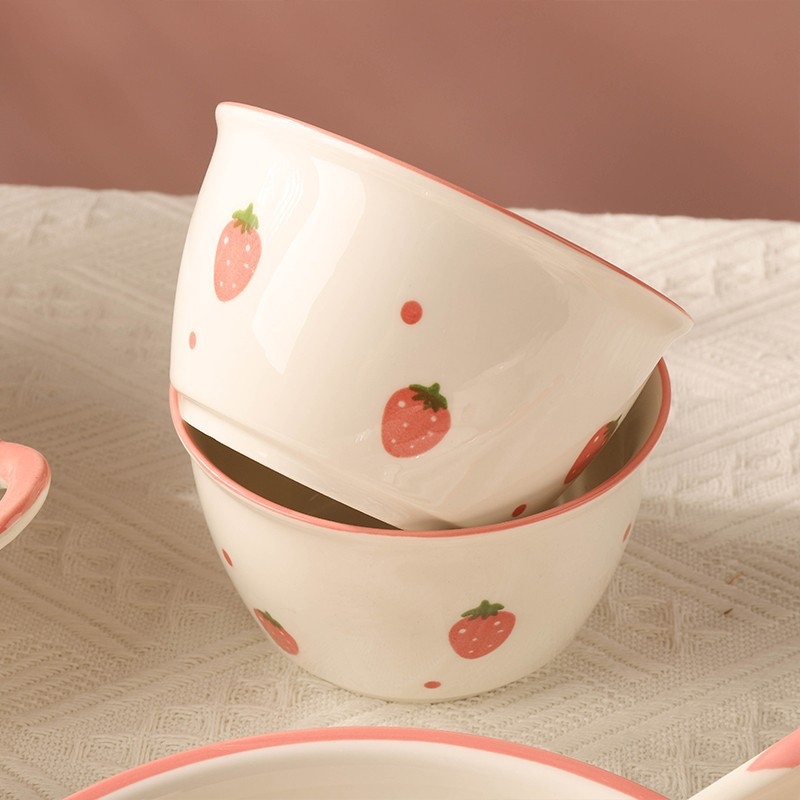 Porcelanski set zdjela i tanjura s točkicama, sladak stil, kružni oblik, pogodan za mikrovalnu pećnicu