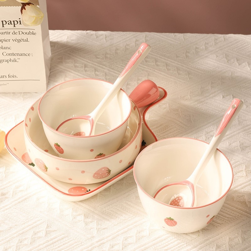 Porcelanski set zdjela i tanjura s točkicama, sladak stil, kružni oblik, pogodan za mikrovalnu pećnicu