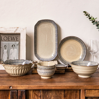 Kerámia tál és tányér készlet – kézzel rajzolt minta, japán stílus, könnyed luxus retro, univerzális