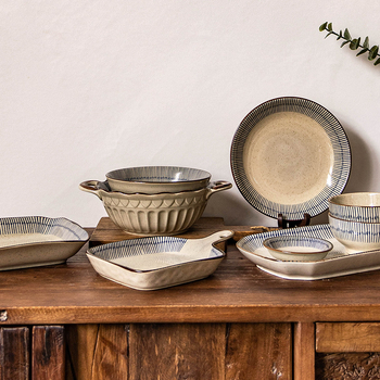 Kerámia tál és tányér készlet – kézzel rajzolt minta, japán stílus, könnyed luxus retro, univerzális