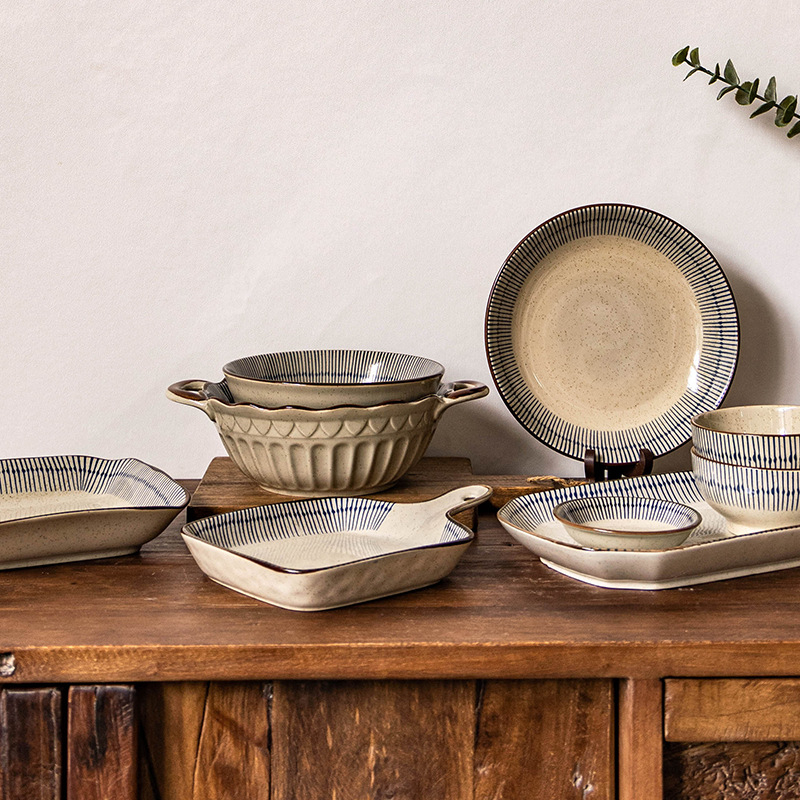 Kerámia tál és tányér készlet – kézzel rajzolt minta, japán stílus, könnyed luxus retro, univerzális