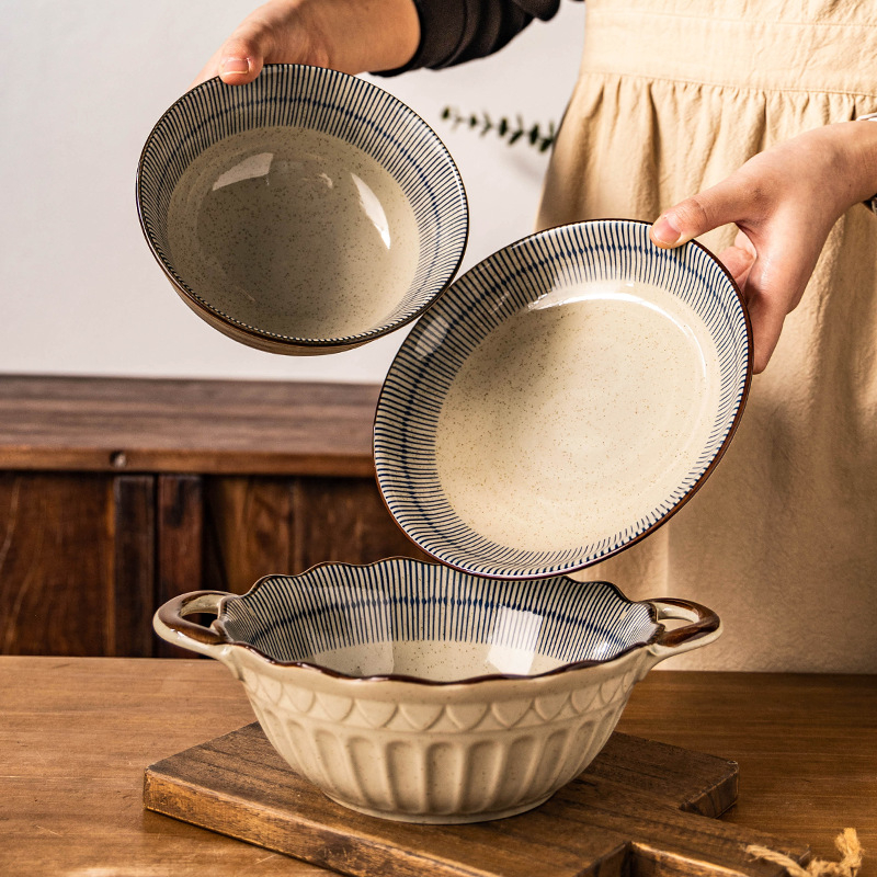 Kerámia tál és tányér készlet – kézzel rajzolt minta, japán stílus, könnyed luxus retro, univerzális