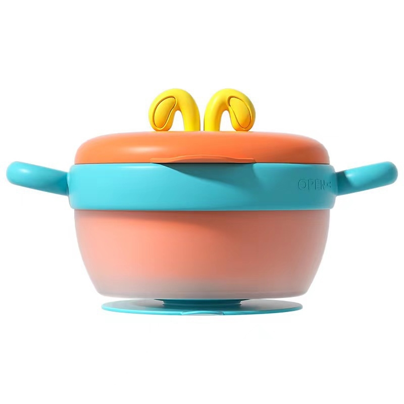 Babafogó tál 316 rozsdamentes acél belsővel, szigetelt és hőmérséklet-érzékeny színváltozással, levehető és mosható, rögzítő szívókoronggal és fűtőszalaggal, két rekesz a tejporhoz, 2 darabos készlet, 6 hónaptól ajánlott