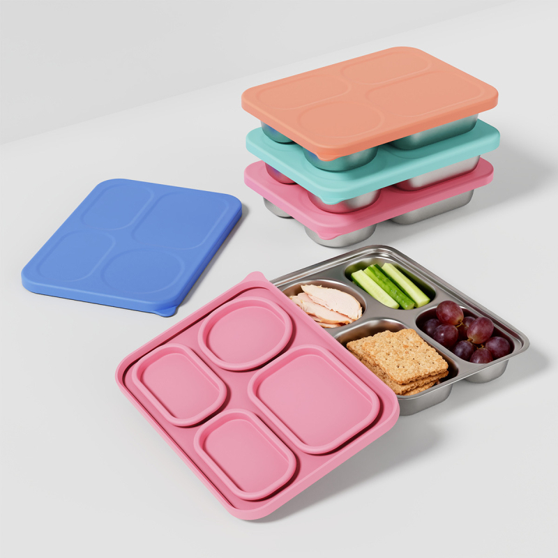 Farfurie pentru copii cu patru compartimente, din oțel inox 304, capac din silicon — pachet de 2, design minimalist modern, potrivit pentru copii de peste 6 luni