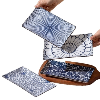 Set plitkih tanjura od keramike s prugastim uzorkom, pravokutni oblik, retro stil, japanski stil
