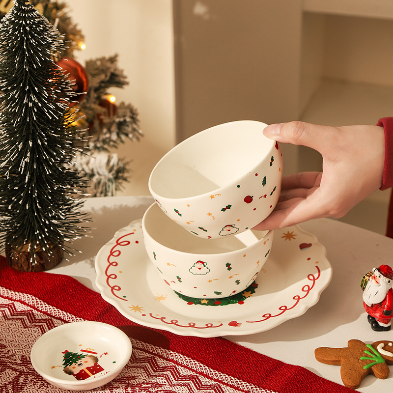 Porcelanski božićni 6-dijelni set posuđa s floralnim decalom — moderan jednostavan stil, pogodan za mikrovalnu, u kutiji za poklon