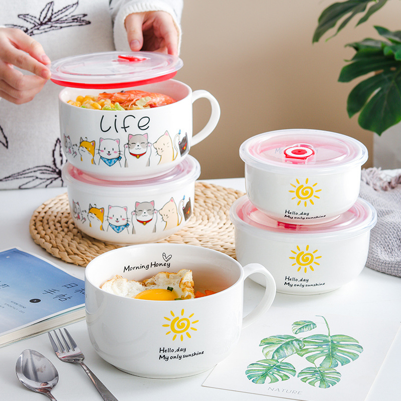 Porcelanska zdjela za rezance s poklopcem, japanski stil crtani dizajn, mikrovalna sigurnost, mogućnost ispisa logotipa