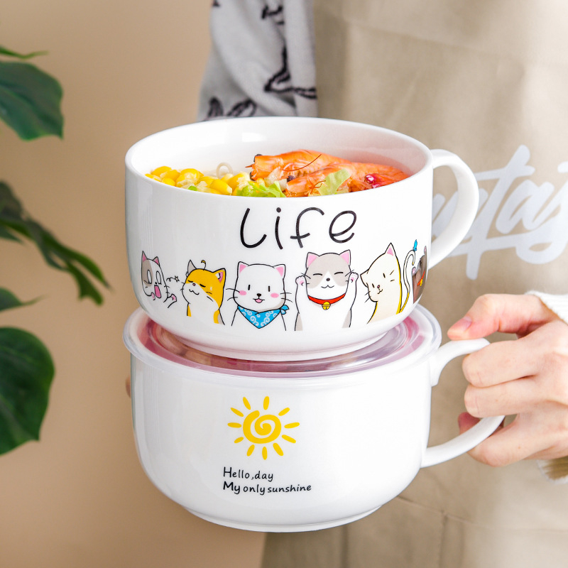 Porcelanska zdjela za rezance s poklopcem, japanski stil crtani dizajn, mikrovalna sigurnost, mogućnost ispisa logotipa
