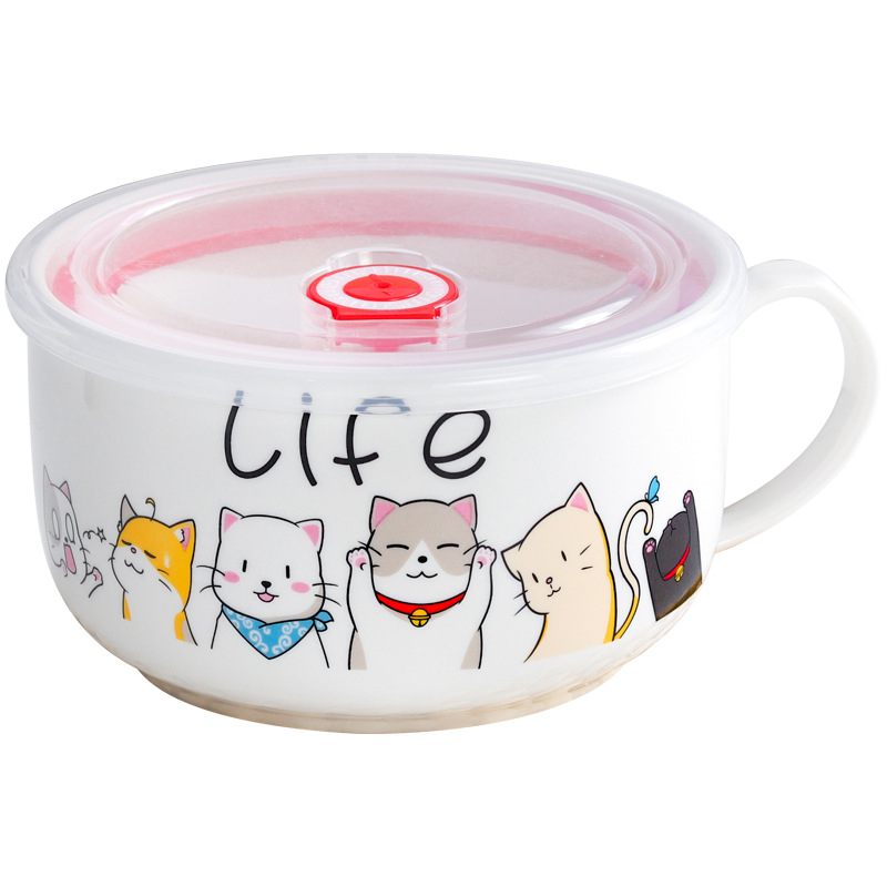 Porcelanska zdjela za rezance s poklopcem, japanski stil crtani dizajn, mikrovalna sigurnost, mogućnost ispisa logotipa