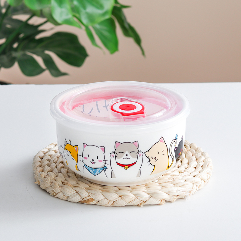 Porcelanska zdjela za rezance s poklopcem, japanski stil crtani dizajn, mikrovalna sigurnost, mogućnost ispisa logotipa