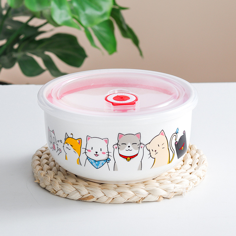 Porcelanska zdjela za rezance s poklopcem, japanski stil crtani dizajn, mikrovalna sigurnost, mogućnost ispisa logotipa