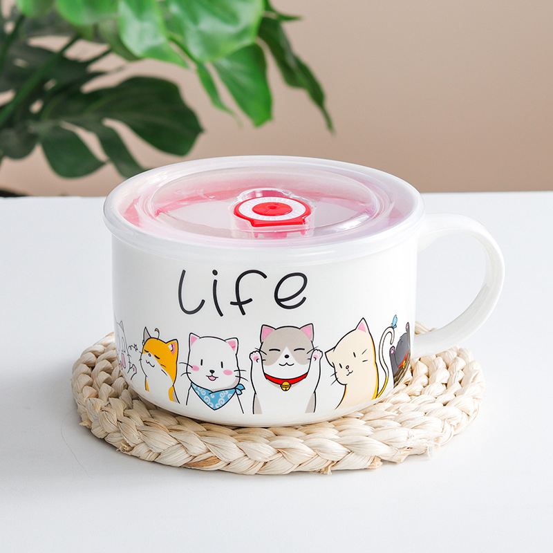 Porcelanska zdjela za rezance s poklopcem, japanski stil crtani dizajn, mikrovalna sigurnost, mogućnost ispisa logotipa