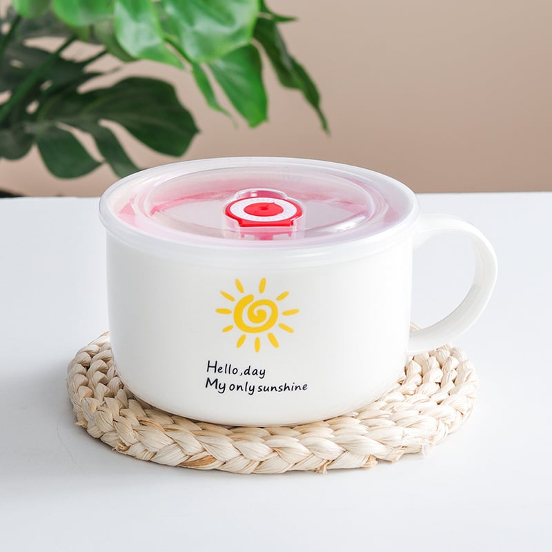 Porcelanska zdjela za rezance s poklopcem, japanski stil crtani dizajn, mikrovalna sigurnost, mogućnost ispisa logotipa