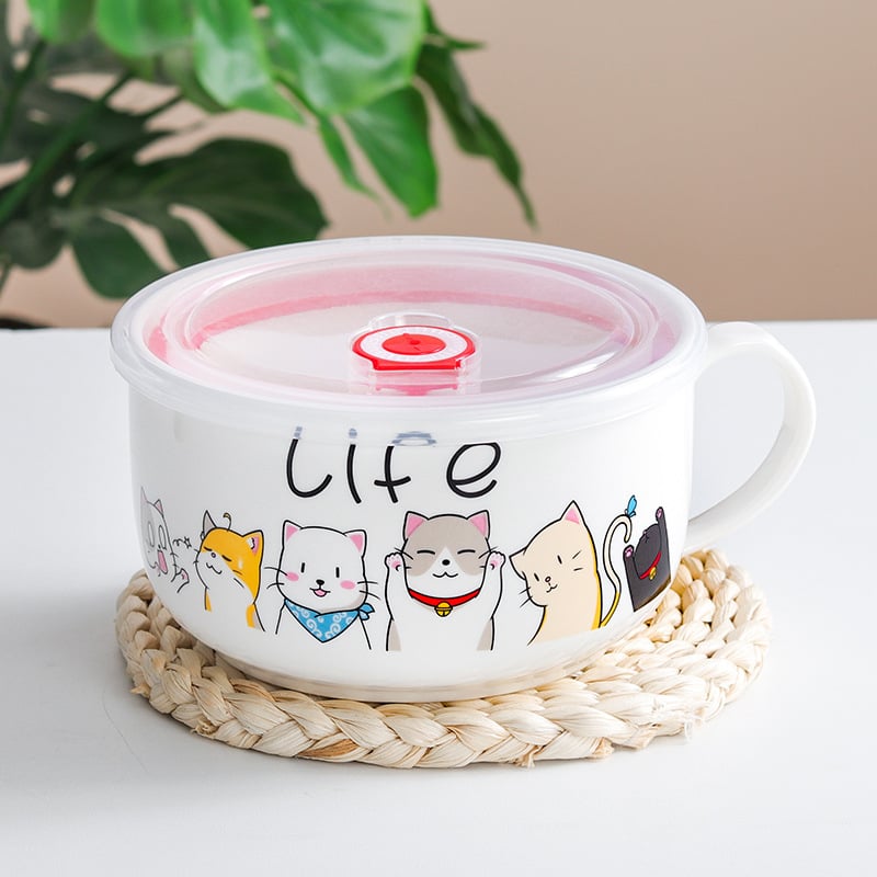 Porcelanska zdjela za rezance s poklopcem, japanski stil crtani dizajn, mikrovalna sigurnost, mogućnost ispisa logotipa