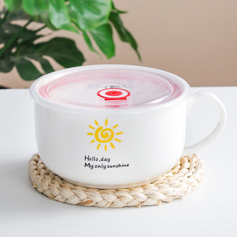 Porcelanska zdjela za rezance s poklopcem, japanski stil crtani dizajn, mikrovalna sigurnost, mogućnost ispisa logotipa