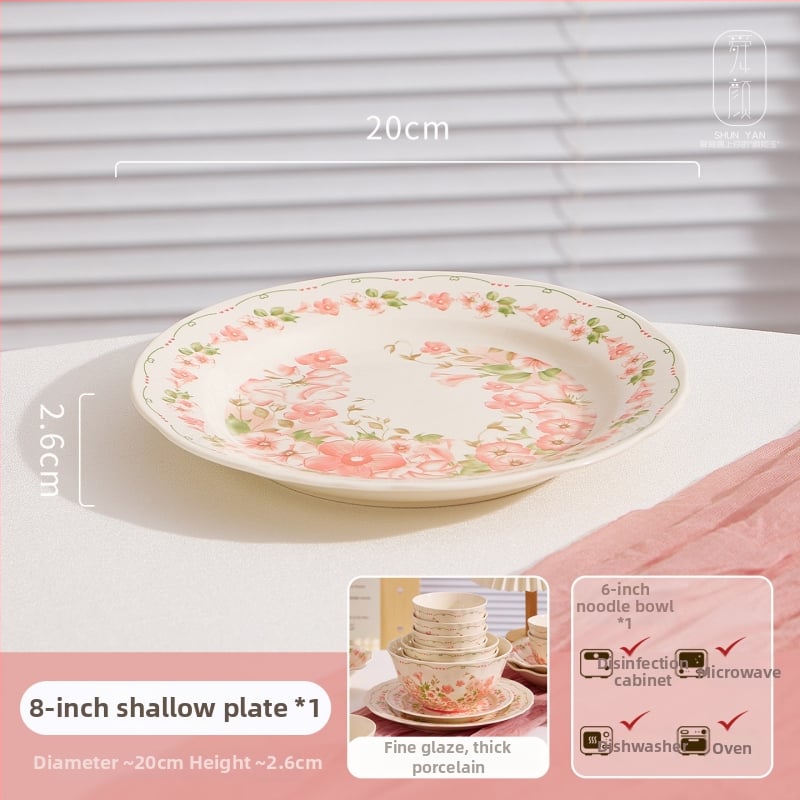 Porcelanski set posuđa: zdjele i tanjuri, cvjetni uzorak, boje ispod glazure, pogodna za mikrovalnu pećnicu, mogućnost prilagodbe