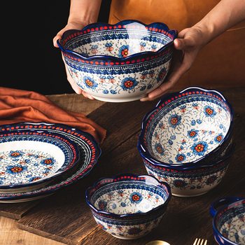 Kézzel festett alul-glazúros kerámia tál- és kanálkészlet virágos etnikus mintával, könnyű luxus retro stílus, kapacitás 2000 ml