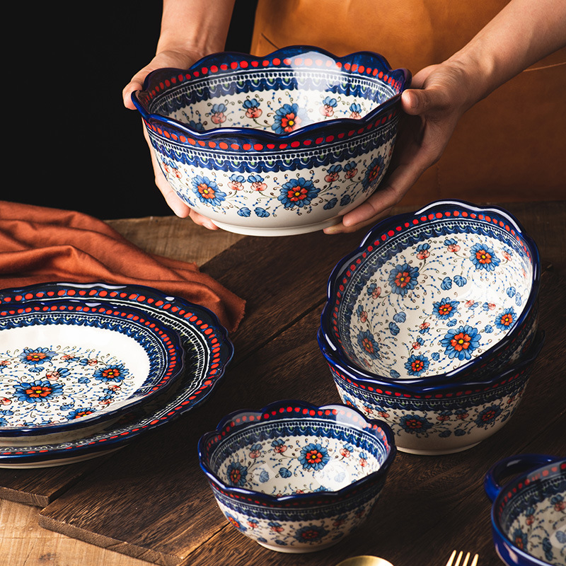 Kézzel festett alul-glazúros kerámia tál- és kanálkészlet virágos etnikus mintával, könnyű luxus retro stílus, kapacitás 2000 ml