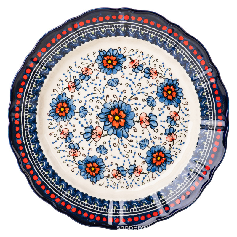 Kézzel festett alul-glazúros kerámia tál- és kanálkészlet virágos etnikus mintával, könnyű luxus retro stílus, kapacitás 2000 ml