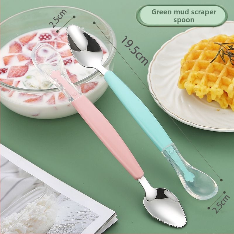 Dječja žlica za hranu s silikonskom glavom i 316L čeličnim materijalom, dvostruka glava, alat za hranjenje beba, minimalisticki stil, paket od 1 kom, pogodno od 3 mjeseca