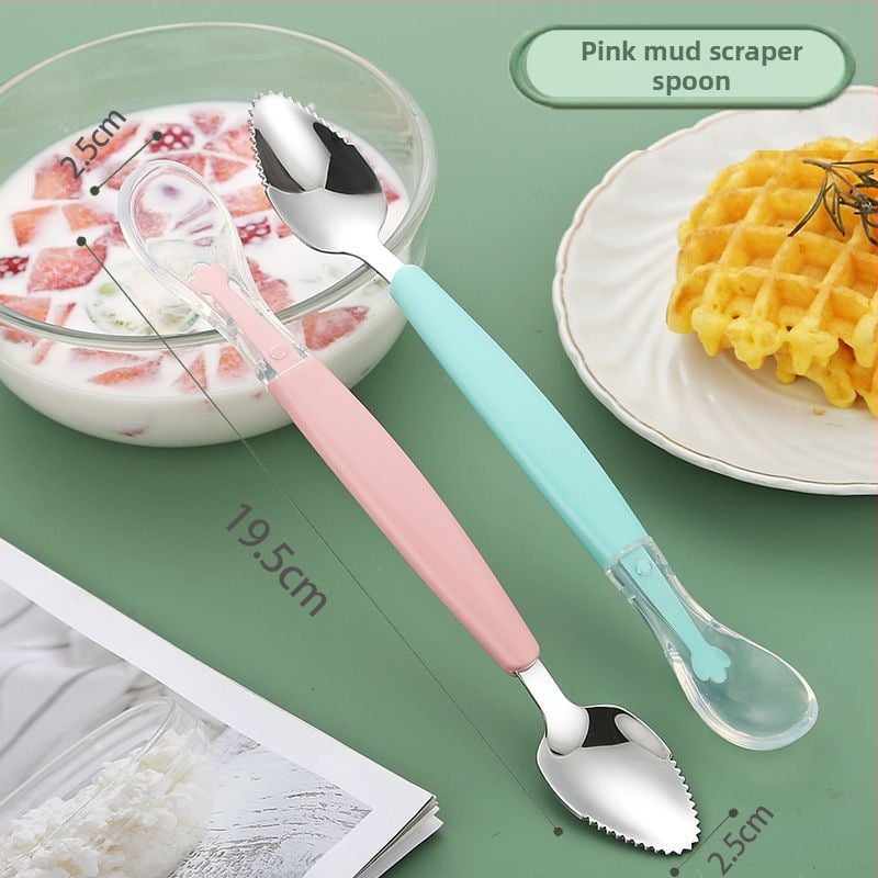 Dječja žlica za hranu s silikonskom glavom i 316L čeličnim materijalom, dvostruka glava, alat za hranjenje beba, minimalisticki stil, paket od 1 kom, pogodno od 3 mjeseca