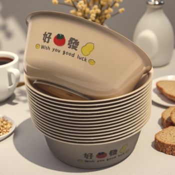 Vas de unică folosință, mare, culoare coajă de orez, rotund, din plastic, gros, pentru supă, destinat picnicurilor în aer liber