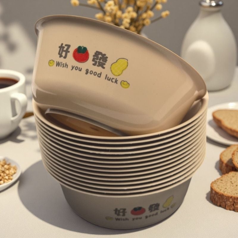 Vas de unică folosință, mare, culoare coajă de orez, rotund, din plastic, gros, pentru supă, destinat picnicurilor în aer liber