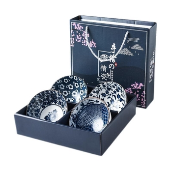 Porcelanski set u japanskom stilu: zdjele i štapići, ručno oslikani plavo-bijeli dizajn, uzorak ispod glaze, ispis logotipa, mogućnost prilagodbe, mikrovalna sigurno, kutija u boji