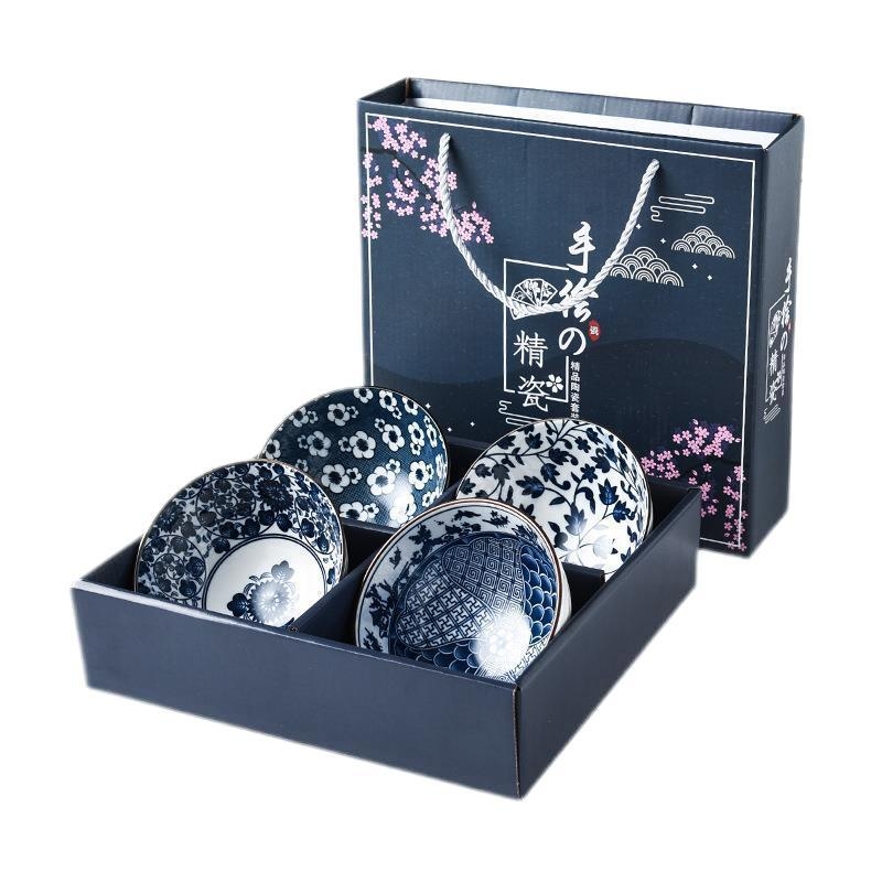 Porcelanski set u japanskom stilu: zdjele i štapići, ručno oslikani plavo-bijeli dizajn, uzorak ispod glaze, ispis logotipa, mogućnost prilagodbe, mikrovalna sigurno, kutija u boji