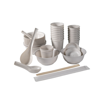 Къмпинг еднократна посуда — овална купа и клечки, влакна от оризови люспи + PP, комплект от четири части