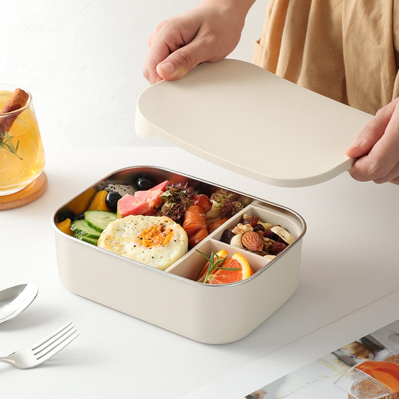 Kutija za ručak od 304 nehrđajućeg čelika, silikonski poklopac, pravokutnog oblika, tri odjeljka, mikrovalna sigurna, kapacitet 800–1000 ml