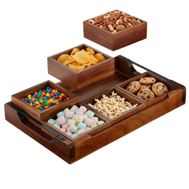 Дървен поднос за сервиране със секции, седемчастен комплект за чай, модерен минималистичен стил, еднообразен модел