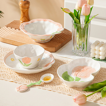 Chaohu ručno oslikani porcelanski set posuđa s motivom tulipana — pod-glazurna završnica, mikrovalna sigurno, mogućnost otiska logotipa, prilagodljivo