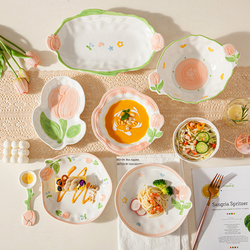 Chaohu ručno oslikani porcelanski set posuđa s motivom tulipana — pod-glazurna završnica, mikrovalna sigurno, mogućnost otiska logotipa, prilagodljivo