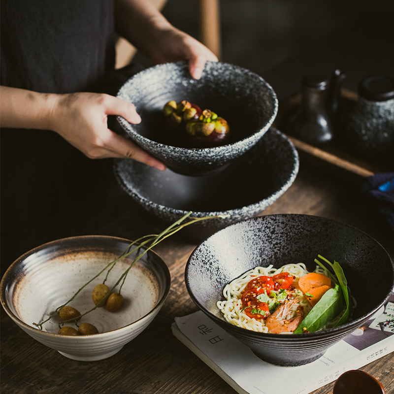 Keramička zdjela za ramen s trubastim oblikom, japanski stil, okrugli oblik, pogodna za mikrovalnu, sprej-glazura