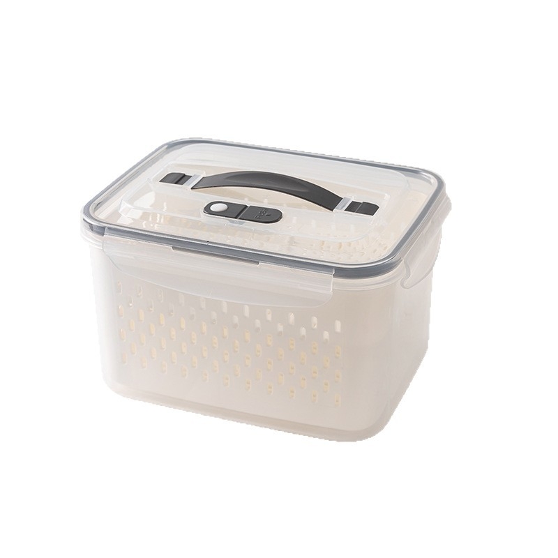 Kétszintes frissességmegőrző doboz leeresztő kosárral gyümölcsökhöz és zöldségekhez, 2,1–3 L, élelmiszer-minőségű szilikon, vízálló fedéllel