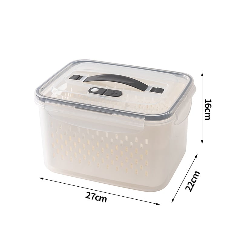 Kétszintes frissességmegőrző doboz leeresztő kosárral gyümölcsökhöz és zöldségekhez, 2,1–3 L, élelmiszer-minőségű szilikon, vízálló fedéllel