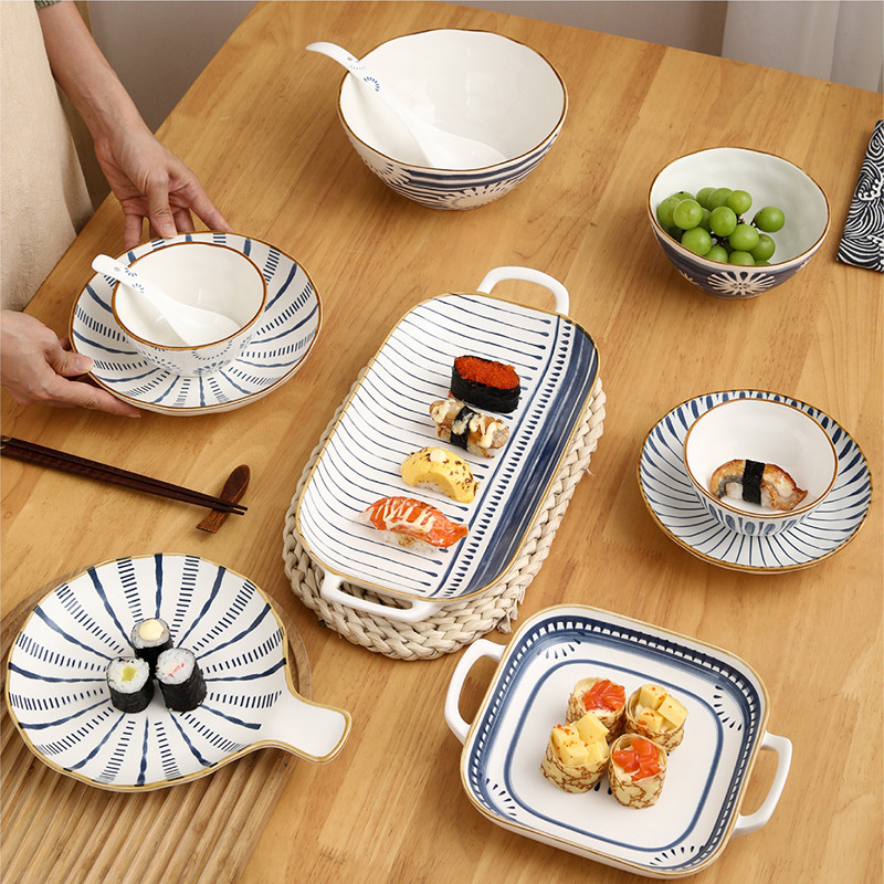 Keramički set posuđa s zdjelicama i tanjurima, pod-glasurna završnica, japanski stil, lagani luksuz retro, mikrovalna otporna