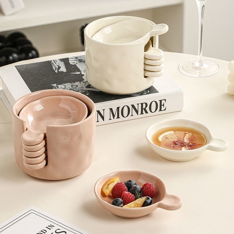 Керамична чиния за сос със комплект за съхранение, кръгла форма, едноцветен дизайн, модерен минимализъм, без микровълнова