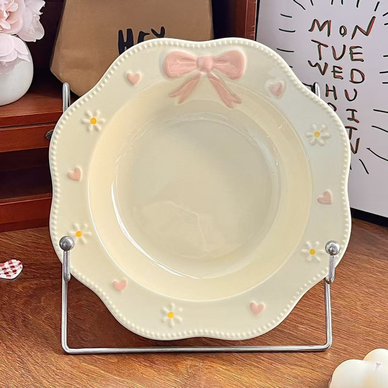 Egyszemélyes étkészlet, vintage francia stílus, domborított masni motívummal, csont porcelán