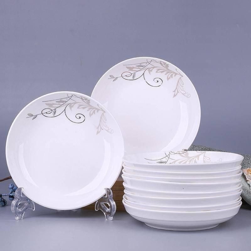 10-dijelni porculanski plitki tanjuri set, kineski stil, okrugli, premaz preko glazure, mikrovalna nije dostupna